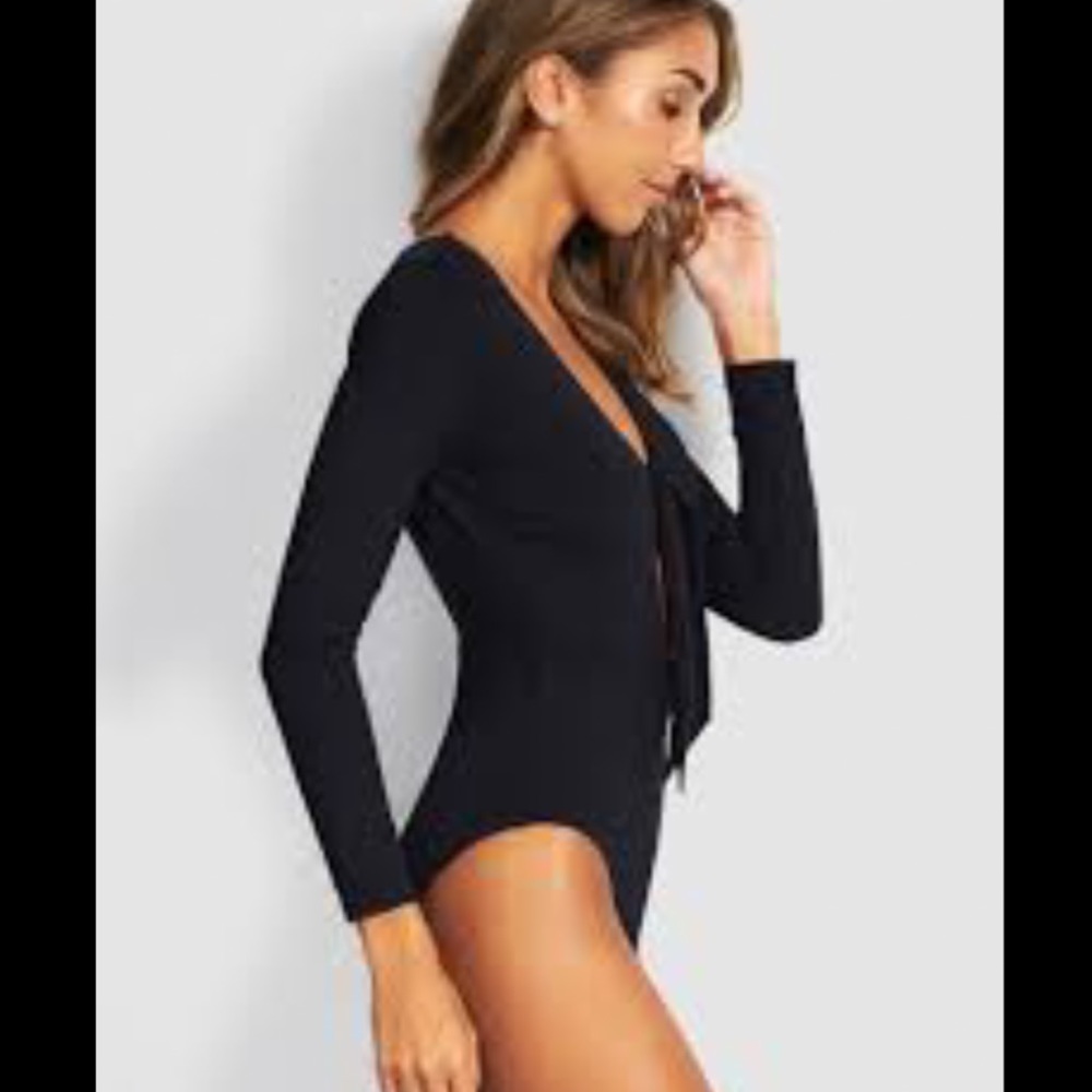 NEW seafolly splendour long sleeve one piece black swimsuit tie front plunge - Picture 5 of 10